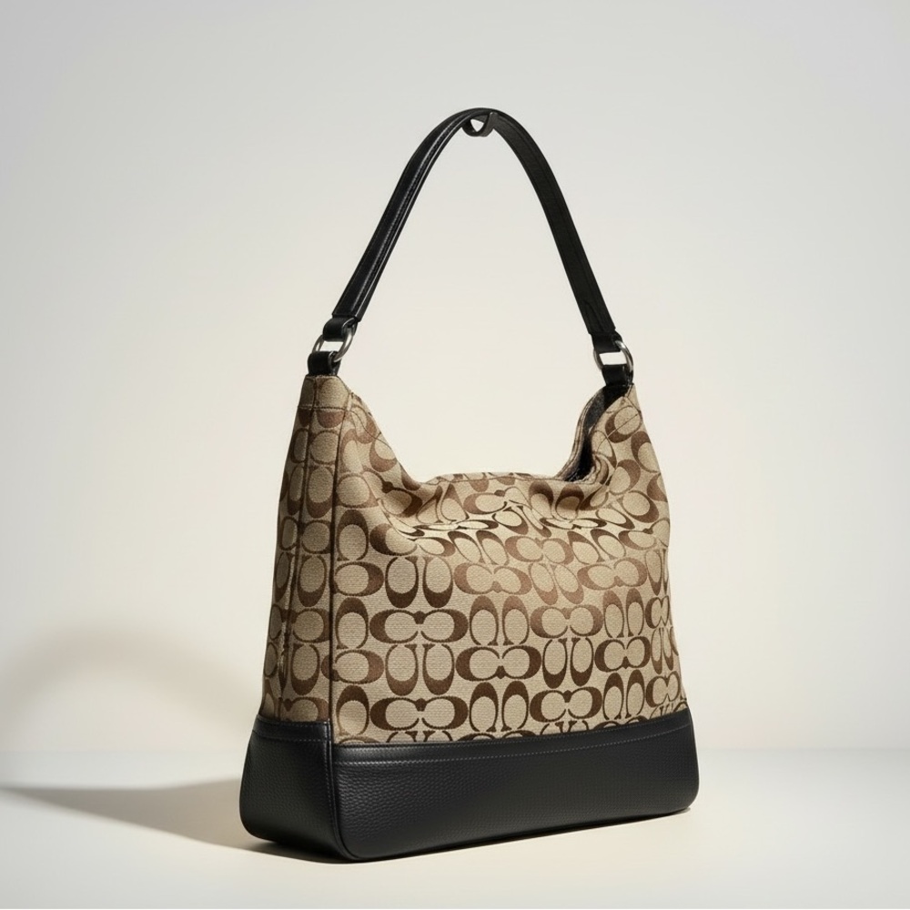 Coach Signature Hobo Bag Beige Canvas Blue Leather Shoulder Purse Dust Bag - Picture 3 of 13